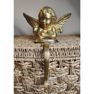 Vintage Large Heavy Brass Cherub Christmas Stocking Holder Shelf Hanging Decor
